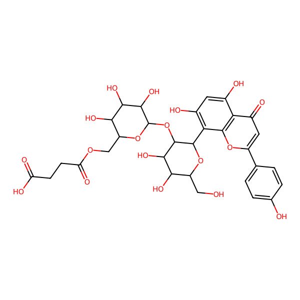 2D Structure of 4-[[(2S,3S,4S,5R,6S)-6-[(2S,3R,4S,5S,6R)-2-[5,7-dihydroxy-2-(4-hydroxyphenyl)-4-oxochromen-8-yl]-4,5-dihydroxy-6-(hydroxymethyl)oxan-3-yl]oxy-3,4,5-trihydroxyoxan-2-yl]methoxy]-4-oxobutanoic acid