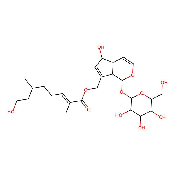2D Structure of [(1S,4aS,5S,7aR)-5-hydroxy-1-[(2S,3R,4S,5S,6R)-3,4,5-trihydroxy-6-(hydroxymethyl)oxan-2-yl]oxy-1,4a,5,7a-tetrahydrocyclopenta[c]pyran-7-yl]methyl (E,6R)-8-hydroxy-2,6-dimethyloct-2-enoate