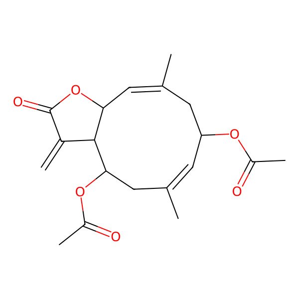 2D Structure of [(3aR,4R,6E,8R,10E,11aR)-4-acetyloxy-6,10-dimethyl-3-methylidene-2-oxo-3a,4,5,8,9,11a-hexahydrocyclodeca[b]furan-8-yl] acetate