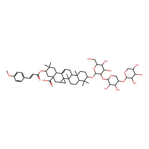 2D Structure of (1S,2R,5R,7S,10R,11R,15S,18S,20R)-7-[(2R,3R,4S,5S,6R)-3-[(2S,3R,4R,5R)-3,4-dihydroxy-5-[(2S,3R,4S,5R)-3,4,5-trihydroxyoxan-2-yl]oxyoxan-2-yl]oxy-4,5-dihydroxy-6-(hydroxymethyl)oxan-2-yl]oxy-18-[(E)-3-(4-methoxyphenyl)prop-2-enoyl]oxy-2,6,6,10,17,17-hexamethylhexacyclo[12.9.0.01,22.02,11.05,10.015,20]tricos-13-ene-20-carboxylic acid