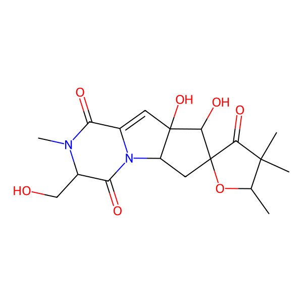 2D Structure of (2R,4S,5S,5'R,6S,11S)-5,6-dihydroxy-11-(hydroxymethyl)-4',4',5',10-tetramethylspiro[1,10-diazatricyclo[6.4.0.02,6]dodec-7-ene-4,2'-oxolane]-3',9,12-trione
