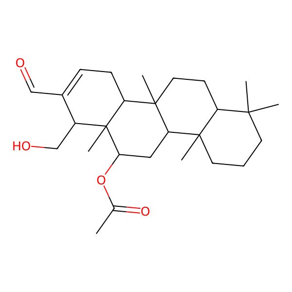 2D Structure of [(4aS,4bR,6S,6aS,7R,10aS,10bR,12aS)-8-formyl-7-(hydroxymethyl)-1,1,4a,6a,10b-pentamethyl-2,3,4,4b,5,6,7,10,10a,11,12,12a-dodecahydrochrysen-6-yl] acetate