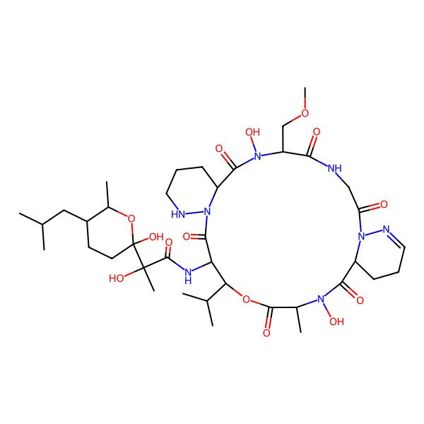 2D Structure of (2R)-N-[(6S,9R,16S,17S,20R,23S)-7,21-dihydroxy-6-(methoxymethyl)-20-methyl-2,5,8,15,19,22-hexaoxo-17-propan-2-yl-18-oxa-1,4,7,13,14,21,27-heptazatricyclo[21.4.0.09,14]heptacos-26-en-16-yl]-2-hydroxy-2-[(2S,5S,6S)-2-hydroxy-6-methyl-5-(2-methylpropyl)oxan-2-yl]propanamide