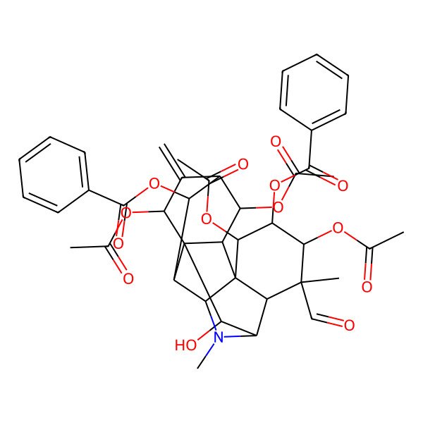 2D Structure of [(1S,2S,3R,4S,5R,6R,7S,8S,9R,11R,12S,13S,14R,16S,17S,18S)-4,6,16,18-tetraacetyloxy-5-benzoyloxy-7-formyl-17-hydroxy-7,10-dimethyl-15-methylidene-10-azahexacyclo[7.7.1.12,14.01,12.03,8.03,11]octadecan-13-yl] benzoate