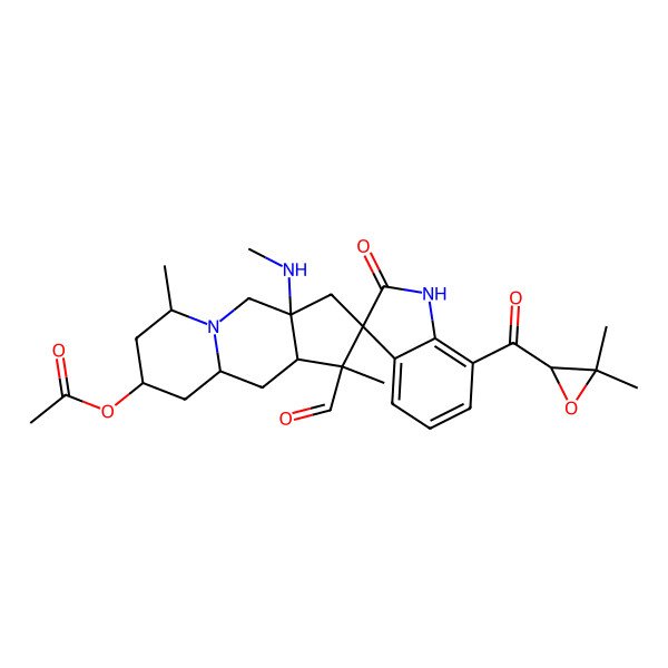 2D Structure of [(1'R,3R,3'aS,6'S,8'R,9'aS,10'aR)-7-[(2S)-3,3-dimethyloxirane-2-carbonyl]-1'-ormyl-1',6'-dimethyl-3'a-(methylamino)-2-oxospiro[1H-indole-3,2'-4,6,7,8,9,9a,10,10a-octahydro-3H-cyclopenta[b]quinolizine]-8'-yl] acetate