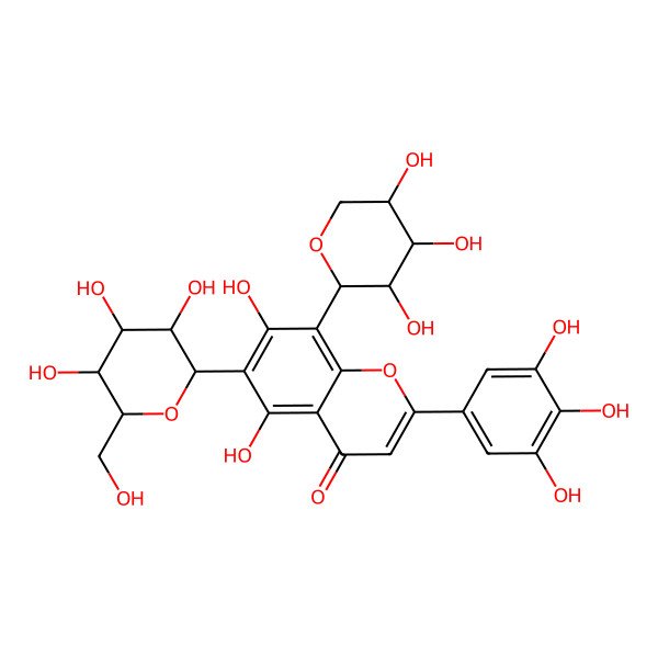2D Structure of 5,7-dihydroxy-6-[(2S,3R,4R,5S,6R)-3,4,5-trihydroxy-6-(hydroxymethyl)oxan-2-yl]-8-[(2R,3R,4R,5S)-3,4,5-trihydroxyoxan-2-yl]-2-(3,4,5-trihydroxyphenyl)chromen-4-one