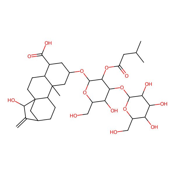 2D Structure of (1R,4R,5R,7R,9R,10S,13R,15S)-15-hydroxy-7-[(3R,4S,5R,6R)-5-hydroxy-6-(hydroxymethyl)-3-(3-methylbutanoyloxy)-4-[(2S,3R,4S,5S,6R)-3,4,5-trihydroxy-6-(hydroxymethyl)oxan-2-yl]oxyoxan-2-yl]oxy-9-methyl-14-methylidenetetracyclo[11.2.1.01,10.04,9]hexadecane-5-carboxylic acid