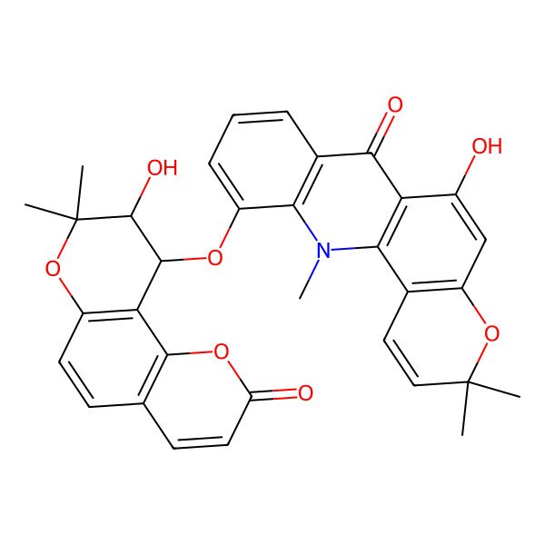 2D Structure of 7H-Pyrano[2,3-c]acridin-7-one, 11-[[(9R,10R)-9,10-dihydro-9-hydroxy-8,8-dimethyl-2-oxo-2H,8H-benzo[1,2-b:3,4-ba(2)]dipyran-10-yl]oxy]-3,12-dihydro-6-hydroxy-3,3,12-trimethyl-, rel-(+)-