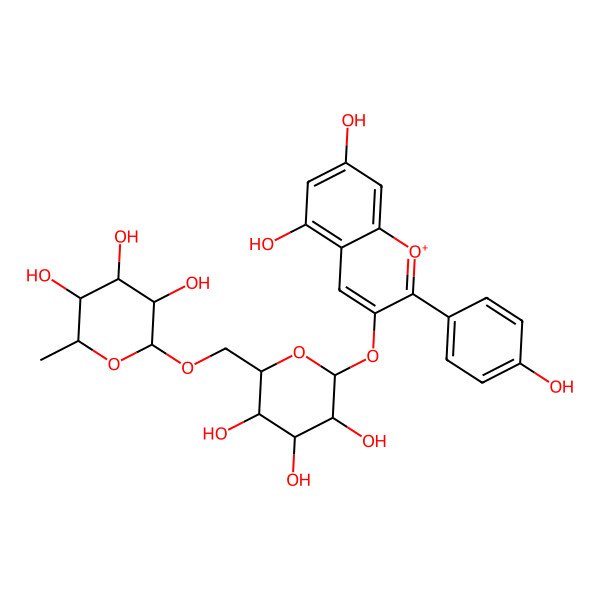2D Structure of (2R,3R,4S,5R,6S)-2-[[(2R,3S,4S,5R,6S)-6-[5,7-dihydroxy-2-(4-hydroxyphenyl)chromenylium-3-yl]oxy-3,4,5-trihydroxyoxan-2-yl]methoxy]-6-methyloxane-3,4,5-triol