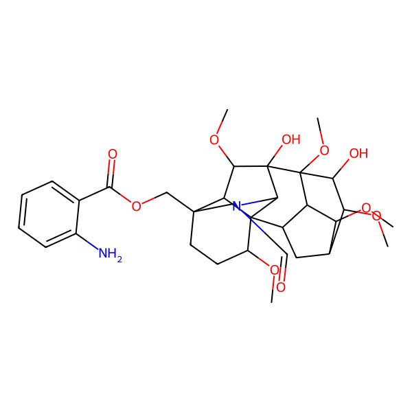 2D Structure of [(1S,2R,3R,4S,5S,6R,7R,8S,9S,10S,13S,16S,17R,18S)-11-formyl-7,9-dihydroxy-4,6,8,16,18-pentamethoxy-11-azahexacyclo[7.7.2.12,5.01,10.03,8.013,17]nonadecan-13-yl]methyl 2-aminobenzoate