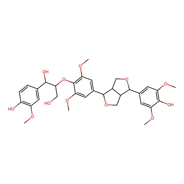 2D Structure of (1R,2S)-2-[4-[(3R,3aS,6R,6aS)-3-(4-hydroxy-3,5-dimethoxyphenyl)-1,3,3a,4,6,6a-hexahydrofuro[3,4-c]furan-6-yl]-2,6-dimethoxyphenoxy]-1-(4-hydroxy-3-methoxyphenyl)propane-1,3-diol