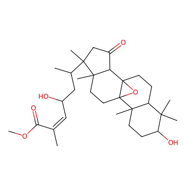 2D Structure of Methyl 4-hydroxy-6-(5-hydroxy-2,6,6,14,15-pentamethyl-12-oxo-18-oxapentacyclo[8.7.1.01,10.02,7.011,15]octadecan-14-yl)-2-methylhept-2-enoate