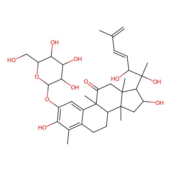 2D Structure of (8S,9R,13R,14S,16R,17R)-17-[(2R,4E)-2,3-dihydroxy-6-methylhepta-4,6-dien-2-yl]-3,16-dihydroxy-4,9,13,14-tetramethyl-2-[(2S,3R,4S,5S,6R)-3,4,5-trihydroxy-6-(hydroxymethyl)oxan-2-yl]oxy-7,8,12,15,16,17-hexahydro-6H-cyclopenta[a]phenanthren-11-one