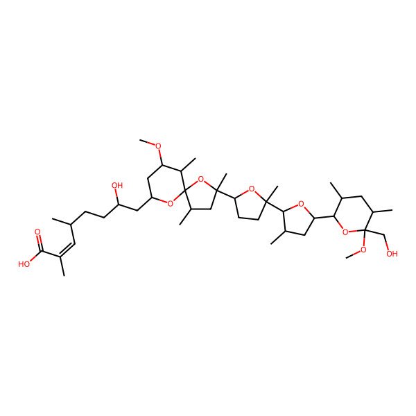 2D Structure of (E)-7-hydroxy-8-[2-[5-[5-[6-(hydroxymethyl)-6-methoxy-3,5-dimethyloxan-2-yl]-3-methyloxolan-2-yl]-5-methyloxolan-2-yl]-7-methoxy-2,4,6-trimethyl-1,10-dioxaspiro[4.5]decan-9-yl]-2,4-dimethyloct-2-enoic acid