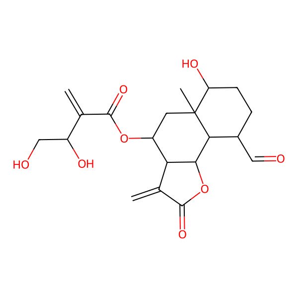 2D Structure of [(3aR,4S,5aR,6R,9S,9aS,9bR)-9-formyl-6-hydroxy-5a-methyl-3-methylidene-2-oxo-4,5,6,7,8,9,9a,9b-octahydro-3aH-benzo[g][1]benzofuran-4-yl] (3S)-3,4-dihydroxy-2-methylidenebutanoate