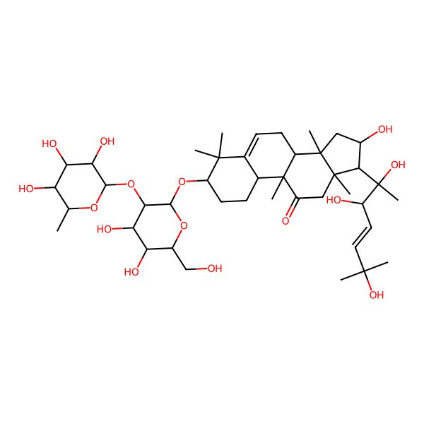 2D Structure of 3-[4,5-Dihydroxy-6-(hydroxymethyl)-3-(3,4,5-trihydroxy-6-methyloxan-2-yl)oxyoxan-2-yl]oxy-16-hydroxy-4,4,9,13,14-pentamethyl-17-(2,3,6-trihydroxy-6-methylhept-4-en-2-yl)-1,2,3,7,8,10,12,15,16,17-decahydrocyclopenta[a]phenanthren-11-one
