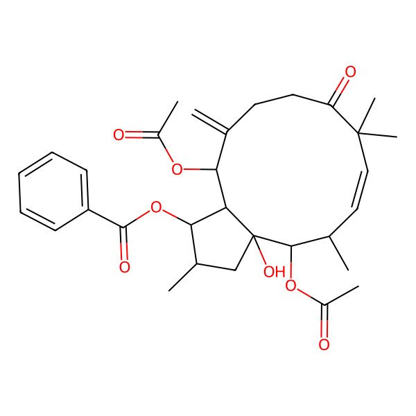 2D Structure of [(1S,2S,3aR,4R,5R,6E,13R,13aR)-4,13-diacetyloxy-3a-hydroxy-2,5,8,8-tetramethyl-12-methylidene-9-oxo-2,3,4,5,10,11,13,13a-octahydro-1H-cyclopenta[12]annulen-1-yl] benzoate