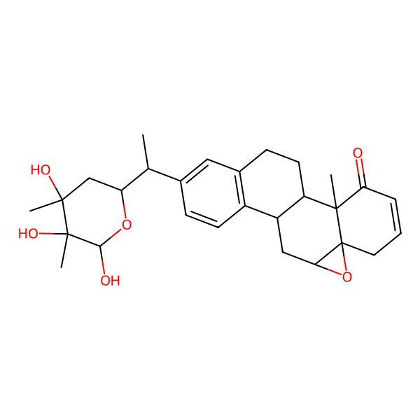 2D Structure of 2-Methyl-15-[1-(4,5,6-trihydroxy-4,5-dimethyloxan-2-yl)ethyl]-8-oxapentacyclo[9.8.0.02,7.07,9.012,17]nonadeca-4,12(17),13,15-tetraen-3-one