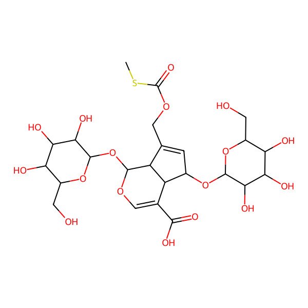 2D Structure of (1S,4aS,5R,7aS)-7-(methylsulfanylcarbonyloxymethyl)-1,5-bis[[(2R,3R,4S,5S,6R)-3,4,5-trihydroxy-6-(hydroxymethyl)oxan-2-yl]oxy]-1,4a,5,7a-tetrahydrocyclopenta[c]pyran-4-carboxylic acid