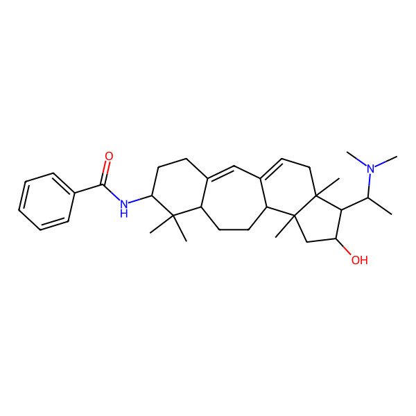 2D Structure of N-[15-[1-(dimethylamino)ethyl]-14-hydroxy-7,7,12,16-tetramethyl-6-tetracyclo[9.7.0.03,8.012,16]octadeca-1(18),2-dienyl]benzamide