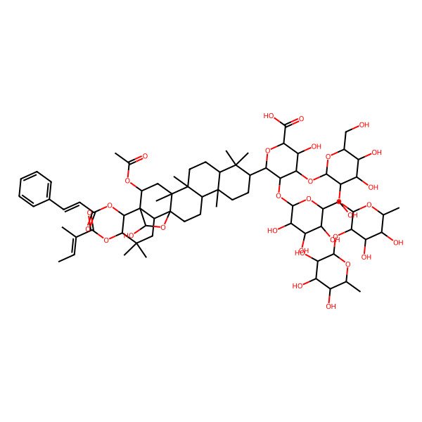 2D Structure of (2S,3S,4S,5S,6S)-6-[(1R,2R,4S,5R,8S,10S,13S,14R,17S,18R,21R,22R,23S)-2-acetyloxy-23-hydroxy-4,5,9,9,13,20,20-heptamethyl-21-[(Z)-2-methylbut-2-enoyl]oxy-22-[(E)-3-phenylprop-2-enoyl]oxy-24-oxahexacyclo[15.5.2.01,18.04,17.05,14.08,13]tetracosan-10-yl]-4-[(2S,3R,4S,5R,6R)-3-[(2S,3R,4R,5R,6S)-4,5-dihydroxy-6-methyl-3-[(2S,3R,4R,5R,6S)-3,4,5-trihydroxy-6-methyloxan-2-yl]oxyoxan-2-yl]oxy-4,5-dihydroxy-6-(hydroxymethyl)oxan-2-yl]oxy-3-hydroxy-5-[(2S,3R,4S,5R,6R)-3,4,5-trihydroxy-6-(hydroxymethyl)oxan-2-yl]oxyoxane-2-carboxylic acid