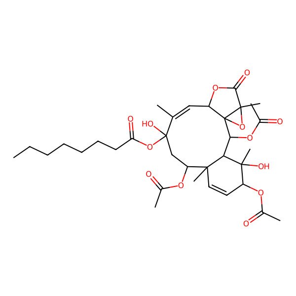 2D Structure of [(1R,2R,3S,4S,5R,8R,9S,11S,12Z,14S,17R)-2,5,9-triacetyloxy-4,11-dihydroxy-4,8,12,17-tetramethyl-16-oxo-15,18-dioxatetracyclo[12.4.0.01,17.03,8]octadeca-6,12-dien-11-yl] octanoate
