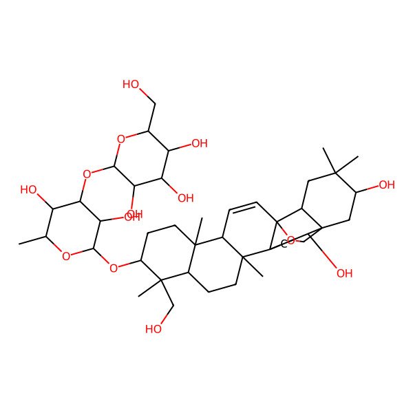 2D Structure of (2S,3R,4S,5S,6R)-2-[(2R,3R,4S,5S,6R)-2-[[(1S,2S,4S,5R,8R,9R,10S,13S,14R,17S,18R,21S)-2,21-dihydroxy-9-(hydroxymethyl)-4,5,9,13,20,20-hexamethyl-24-oxahexacyclo[15.5.2.01,18.04,17.05,14.08,13]tetracos-15-en-10-yl]oxy]-3,5-dihydroxy-6-methyloxan-4-yl]oxy-6-(hydroxymethyl)oxane-3,4,5-triol