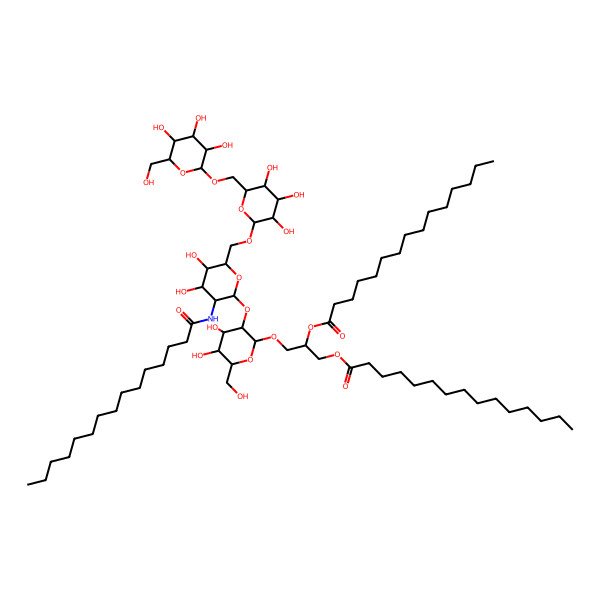 2D Structure of [3-[3-[4,5-Dihydroxy-3-(pentadecanoylamino)-6-[[3,4,5-trihydroxy-6-[[3,4,5-trihydroxy-6-(hydroxymethyl)oxan-2-yl]oxymethyl]oxan-2-yl]oxymethyl]oxan-2-yl]oxy-4,5-dihydroxy-6-(hydroxymethyl)oxan-2-yl]oxy-2-pentadecanoyloxypropyl] pentadecanoate