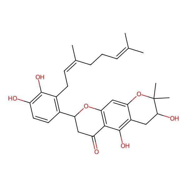2D Structure of 8-[2-(3,7-Dimethylocta-2,6-dienyl)-3,4-dihydroxyphenyl]-3,5-dihydroxy-2,2-dimethyl-3,4,7,8-tetrahydropyrano[3,2-g]chromen-6-one