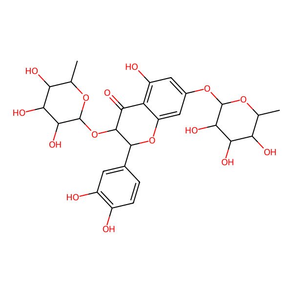 2D Structure of (2S,3S)-2-(3,4-dihydroxyphenyl)-5-hydroxy-3-[(2S,3S,4R,5R,6R)-3,4,5-trihydroxy-6-methyloxan-2-yl]oxy-7-[(2S,3S,4R,5R,6S)-3,4,5-trihydroxy-6-methyloxan-2-yl]oxy-2,3-dihydrochromen-4-one