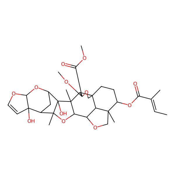 2D Structure of Methyl 7,14-dihydroxy-4-methoxy-6,16,22-trimethyl-23-(2-methylbut-2-enoyloxy)-3,9,11,17,20-pentaoxaoctacyclo[17.6.1.18,15.01,5.06,18.07,16.010,14.022,26]heptacos-12-ene-4-carboxylate