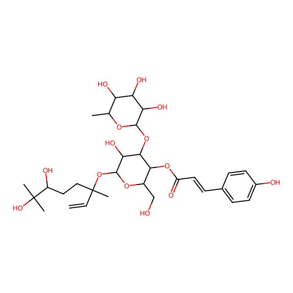 2D Structure of [(2R,3R,4R,5R,6S)-6-(6,7-dihydroxy-3,7-dimethyloct-1-en-3-yl)oxy-5-hydroxy-2-(hydroxymethyl)-4-[(2S,3R,4R,5R,6S)-3,4,5-trihydroxy-6-methyloxan-2-yl]oxyoxan-3-yl] (E)-3-(4-hydroxyphenyl)prop-2-enoate