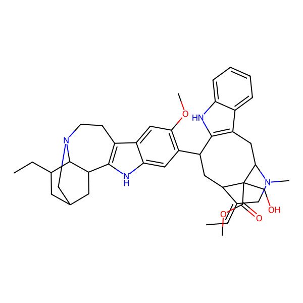 2D Structure of methyl (1S,12R,14R,15E,18S)-15-ethylidene-12-[(1R,15S,17S,18S)-17-ethyl-7-methoxy-3,13-diazapentacyclo[13.3.1.02,10.04,9.013,18]nonadeca-2(10),4,6,8-tetraen-6-yl]-18-(hydroxymethyl)-17-methyl-10,17-diazatetracyclo[12.3.1.03,11.04,9]octadeca-3(11),4,6,8-tetraene-18-carboxylate