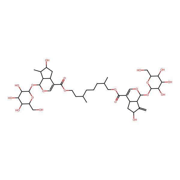 2D Structure of [8-[6-hydroxy-7-methyl-1-[3,4,5-trihydroxy-6-(hydroxymethyl)oxan-2-yl]oxy-1,4a,5,6,7,7a-hexahydrocyclopenta[c]pyran-4-carbonyl]oxy-2,6-dimethyloctyl] 6-hydroxy-7-methylidene-1-[3,4,5-trihydroxy-6-(hydroxymethyl)oxan-2-yl]oxy-4a,5,6,7a-tetrahydro-1H-cyclopenta[c]pyran-4-carboxylate