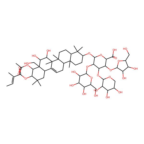 2D Structure of (2S,3S,4S,5R,6R)-6-[[(3S,4aR,6aR,6bS,7R,8S,8aR,9R,10R,12aS,14aR,14bR)-9-acetyloxy-7,8-dihydroxy-8a-(hydroxymethyl)-4,4,6a,6b,11,11,14b-heptamethyl-10-[(Z)-2-methylbut-2-enoyl]oxy-1,2,3,4a,5,6,7,8,9,10,12,12a,14,14a-tetradecahydropicen-3-yl]oxy]-3-[(2S,3R,4R,5S)-3,4-dihydroxy-5-(hydroxymethyl)oxolan-2-yl]oxy-5-[(2S,3R,4S,5S,6R)-3,4,5-trihydroxy-6-(hydroxymethyl)oxan-2-yl]oxy-4-[(2S,3R,4S,5S)-3,4,5-trihydroxyoxan-2-yl]oxyoxane-2-carboxylic acid