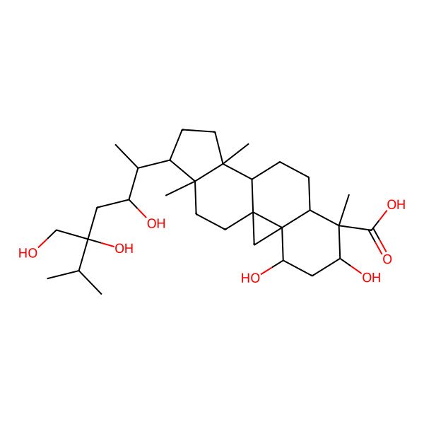 2D Structure of (1S,3S,4S,6S,7S,8R,11S,12S,15R,16R)-15-[(2S,3R,5S)-3,5-dihydroxy-5-(hydroxymethyl)-6-methylheptan-2-yl]-4,6-dihydroxy-7,12,16-trimethylpentacyclo[9.7.0.01,3.03,8.012,16]octadecane-7-carboxylic acid