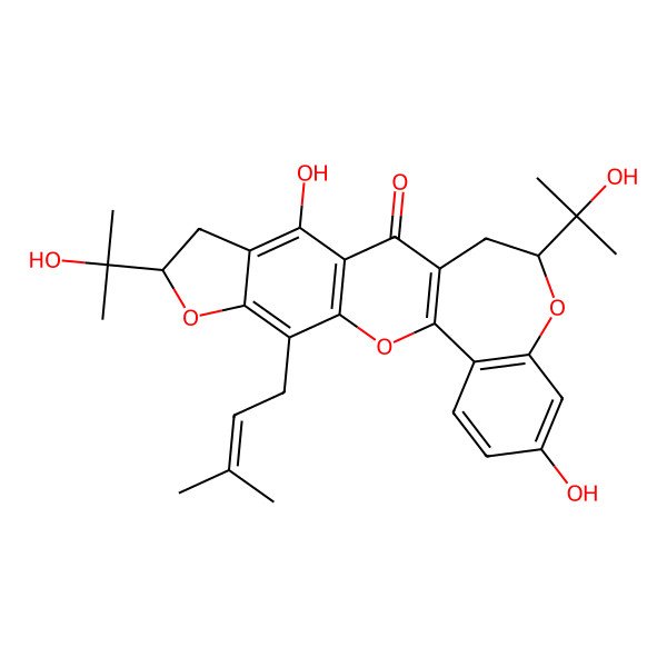 2D Structure of (7S,21R)-4,17-dihydroxy-7,21-bis(2-hydroxypropan-2-yl)-10-(3-methylbut-2-enyl)-8,12,20-trioxapentacyclo[11.9.0.03,11.05,9.014,19]docosa-1(13),3(11),4,9,14(19),15,17-heptaen-2-one
