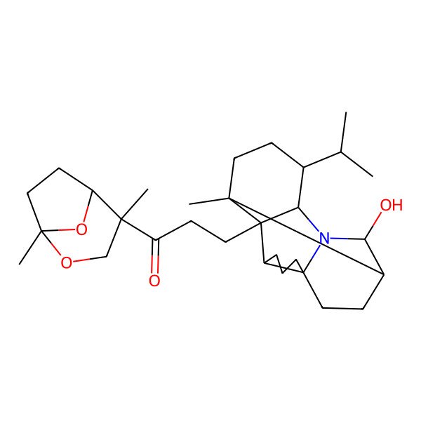 2D Structure of 1-[(1S,4R,5R)-1,4-dimethyl-2,8-dioxabicyclo[3.2.1]octan-4-yl]-3-[(1R,2S,3R,7S,10R,11R,13R,14S)-11-hydroxy-1-methyl-14-propan-2-yl-12-azapentacyclo[8.6.0.02,13.03,7.07,12]hexadecan-2-yl]propan-1-one