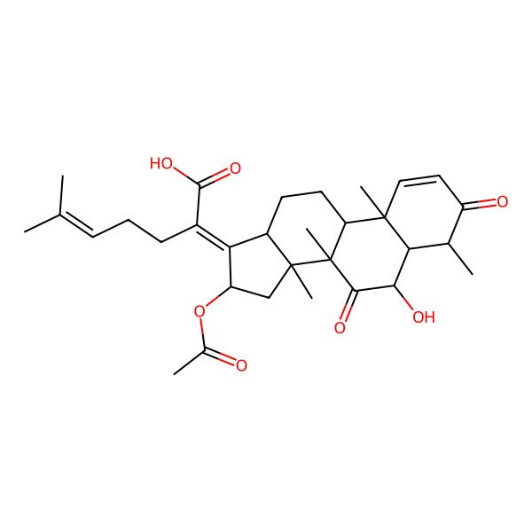 2D Structure of (2Z)-2-[(4S,5S,6S,8R,9S,10R,13R,14S,16S)-16-acetyloxy-6-hydroxy-4,8,10,14-tetramethyl-3,7-dioxo-5,6,9,11,12,13,15,16-octahydro-4H-cyclopenta[a]phenanthren-17-ylidene]-6-methylhept-5-enoic acid