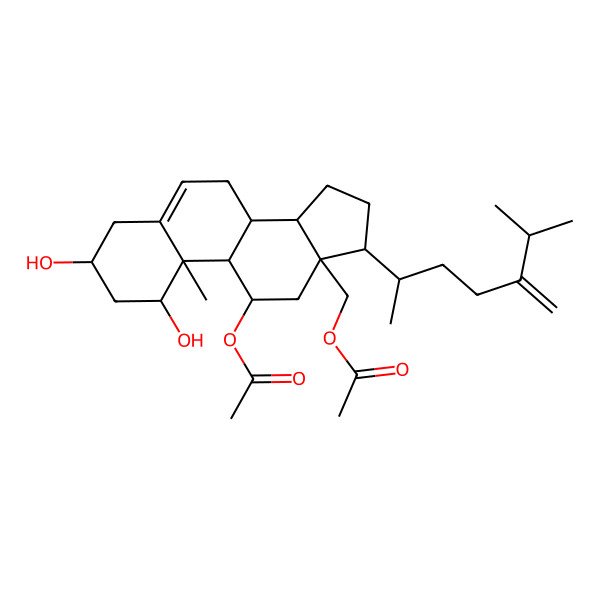 2D Structure of [(1S,3R,8S,9S,10R,11R,13S,14S,17R)-11-acetyloxy-1,3-dihydroxy-10-methyl-17-[(2R)-6-methyl-5-methylideneheptan-2-yl]-2,3,4,7,8,9,11,12,14,15,16,17-dodecahydro-1H-cyclopenta[a]phenanthren-13-yl]methyl acetate