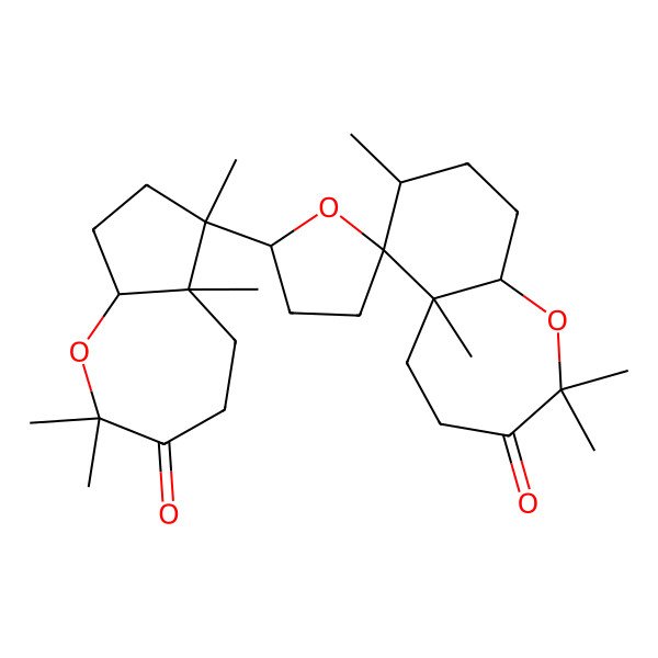 2D Structure of 5'-(2,2,5a,6-tetramethyl-3-oxo-5,7,8,8a-tetrahydro-4H-cyclopenta[b]oxepin-6-yl)-2,2,5a,7-tetramethylspiro[4,5,7,8,9,9a-hexahydrobenzo[b]oxepine-6,2'-oxolane]-3-one