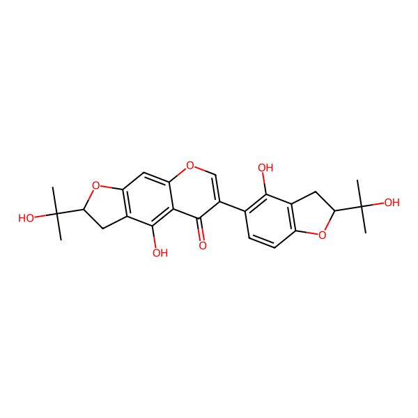 2D Structure of (2R)-4-hydroxy-6-[(2S)-4-hydroxy-2-(2-hydroxypropan-2-yl)-2,3-dihydro-1-benzofuran-5-yl]-2-(2-hydroxypropan-2-yl)-2,3-dihydrofuro[3,2-g]chromen-5-one