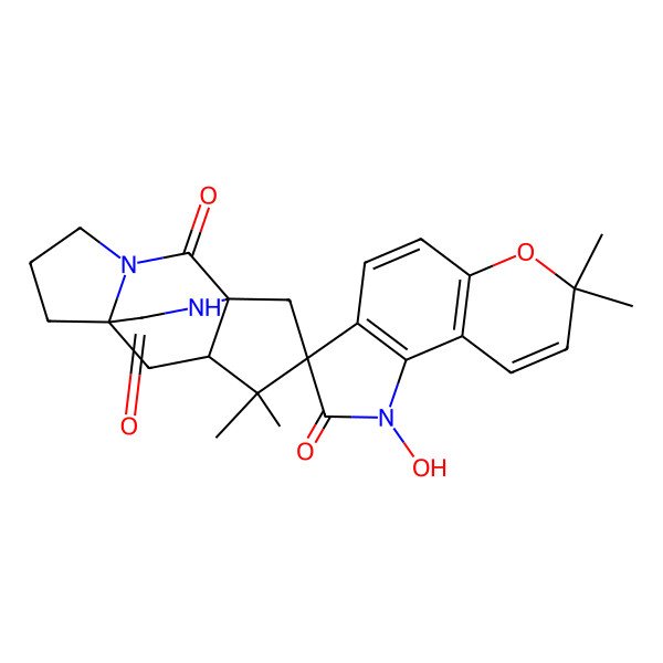 2D Structure of 1'-Hydroxy-7',7',10,10-tetramethylspiro[3,13-diazatetracyclo[5.5.2.01,9.03,7]tetradecane-11,3'-pyrano[2,3-g]indole]-2,2',14-trione