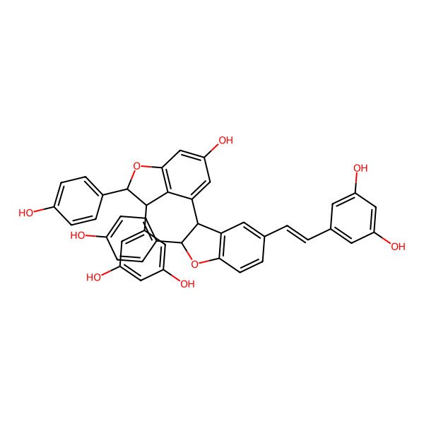 2D Structure of 5-[(E)-2-[(2R,3R)-3-[(2S,3R)-3-(3,5-dihydroxyphenyl)-6-hydroxy-2-(4-hydroxyphenyl)-2,3-dihydro-1-benzofuran-4-yl]-2-(4-hydroxyphenyl)-2,3-dihydro-1-benzofuran-5-yl]ethenyl]benzene-1,3-diol
