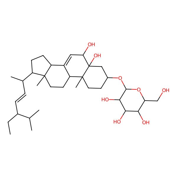 2D Structure of (2R,3R,4S,5S,6R)-2-[[(3S,5R,6R,9S,10R,13R,14R,17R)-17-[(E,2R,5R)-5-ethyl-6-methylhept-3-en-2-yl]-5,6-dihydroxy-10,13-dimethyl-1,2,3,4,6,9,11,12,14,15,16,17-dodecahydrocyclopenta[a]phenanthren-3-yl]oxy]-6-(hydroxymethyl)oxane-3,4,5-triol