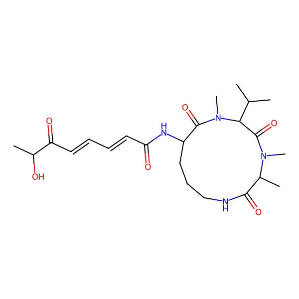 2D Structure of 7-hydroxy-6-oxo-N-(3,4,7-trimethyl-2,5,8-trioxo-6-propan-2-yl-1,4,7-triazacyclododec-9-yl)octa-2,4-dienamide