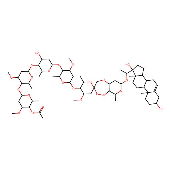 2D Structure of [(2R,3R,4S,6S)-6-[(2R,3R,4S,6S)-6-[(2R,3S,4R,6S)-6-[(2R,3R,4S,6S)-6-[(2'R,3S,3'R,4'R,5aR,7S,9R,9aR)-7-[(1S)-1-[(3S,8R,9S,10R,13S,14S,17R)-3,17-dihydroxy-10,13-dimethyl-1,2,3,4,7,8,9,11,12,14,15,16-dodecahydrocyclopenta[a]phenanthren-17-yl]ethoxy]-4'-methoxy-2',9-dimethylspiro[4,5a,6,7,9,9a-hexahydropyrano[3,4-c][1,2,5]trioxepine-3,6'-oxane]-3'-yl]oxy-4-methoxy-2-methyloxan-3-yl]oxy-4-hydroxy-2-methyloxan-3-yl]oxy-4-methoxy-2-methyloxan-3-yl]oxy-4-methoxy-2-methyloxan-3-yl] acetate