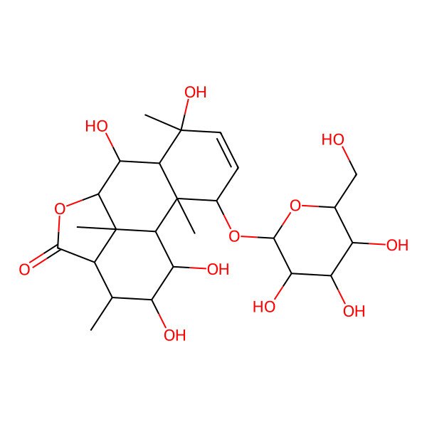 2D Structure of 6,8,14,15-Tetrahydroxy-2,6,13,16-tetramethyl-3-[3,4,5-trihydroxy-6-(hydroxymethyl)oxan-2-yl]oxy-10-oxatetracyclo[7.6.1.02,7.012,16]hexadec-4-en-11-one