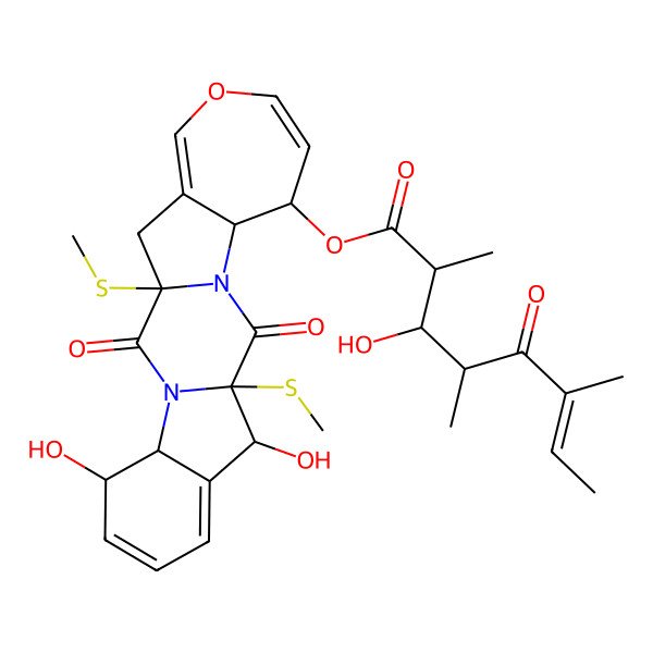 2D Structure of [(1R,4S,5S,10R,11R,14S,15S)-5,10-dihydroxy-1,11-bis(methylsulfanyl)-2,12-dioxo-18-oxa-3,13-diazapentacyclo[11.8.0.03,11.04,9.014,20]henicosa-6,8,16,19-tetraen-15-yl] (E,2R,3R,4R)-3-hydroxy-2,4,6-trimethyl-5-oxooct-6-enoate
