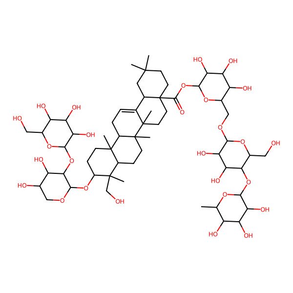 2D Structure of [6-[[3,4-Dihydroxy-6-(hydroxymethyl)-5-(3,4,5-trihydroxy-6-methyloxan-2-yl)oxyoxan-2-yl]oxymethyl]-3,4,5-trihydroxyoxan-2-yl] 10-[4,5-dihydroxy-3-[3,4,5-trihydroxy-6-(hydroxymethyl)oxan-2-yl]oxyoxan-2-yl]oxy-9-(hydroxymethyl)-2,2,6a,6b,9,12a-hexamethyl-1,3,4,5,6,6a,7,8,8a,10,11,12,13,14b-tetradecahydropicene-4a-carboxylate